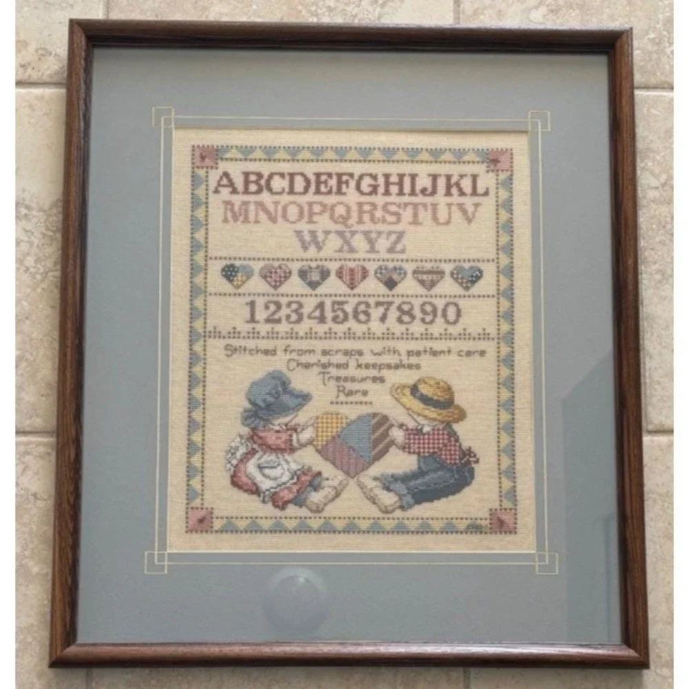 Vtg Professionally Framed‎ Cross Stitch Sampler Country Alpahabet Kids 19x21